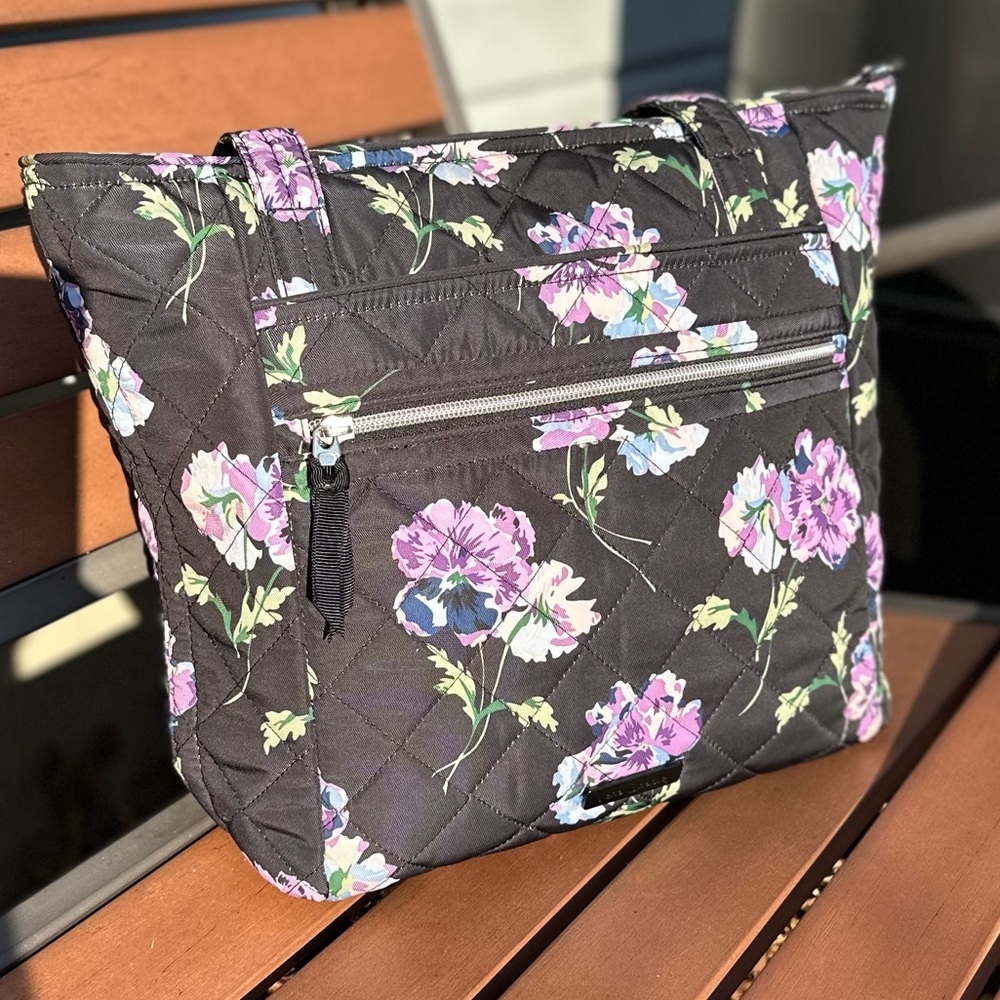Vera Bradley Black Quilted Tote with Purple Floral Pattern - Picture 2 of 9